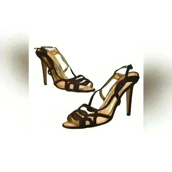 MANOLO BLAHNIK  Brown Suede Lace Peep Sandal Pump Heel 36.5EU 6.5US Italy - Picture 1 of 9